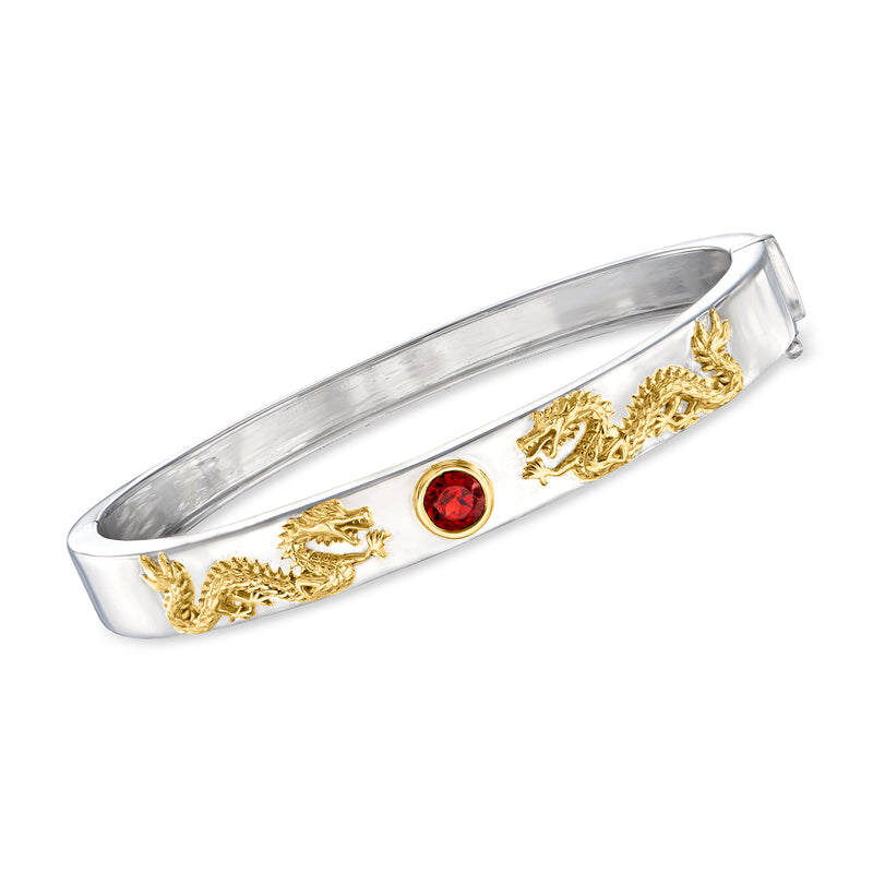 Two-tone sterling silver bangle bracelet, gold dragon details and red garnet center stone