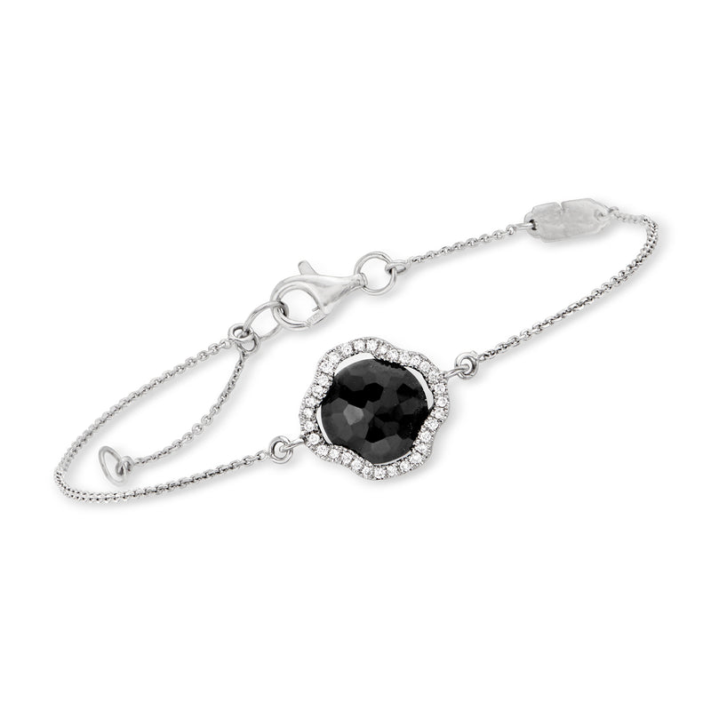 18kt white gold bracelet with cushion black spinel centerpiece and diamond halo, chain link