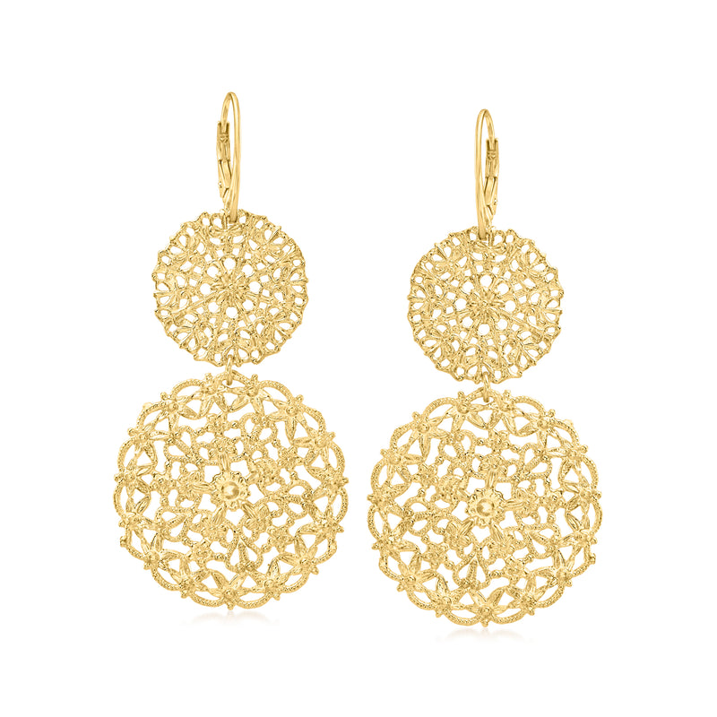 Gold over sterling filigree disc drop earrings with two round layered circular designs, leverback