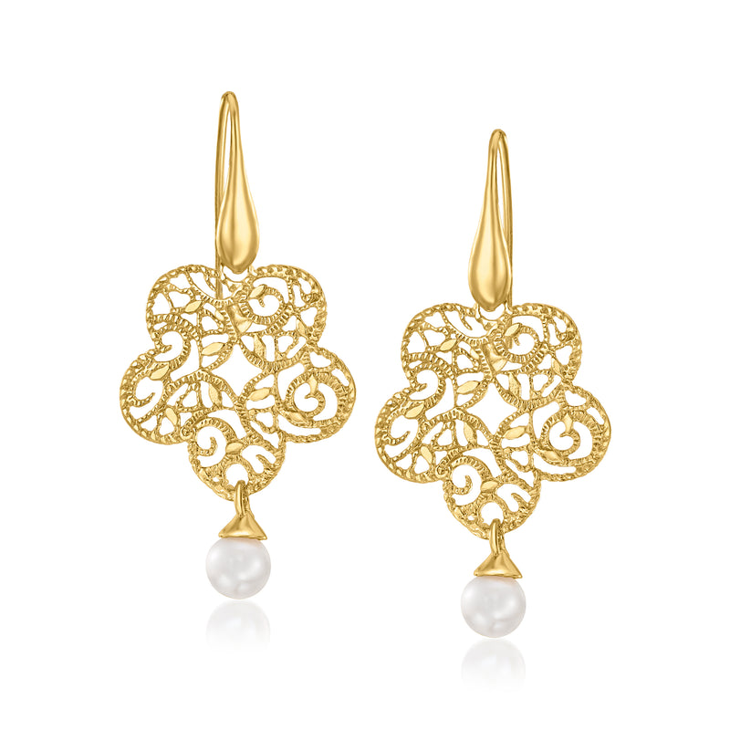 Gold filigree flower drop earrings with white cultured pearl, earwire