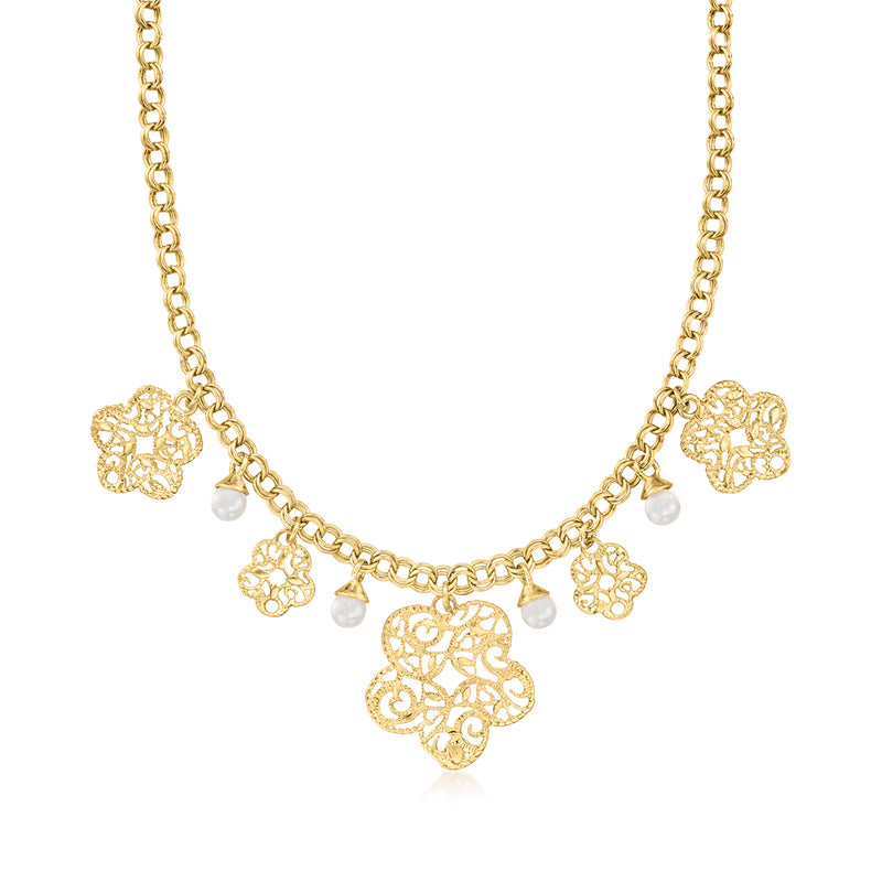 Gold over sterling cultured pearl floral filigree drop necklace with charm pendants
