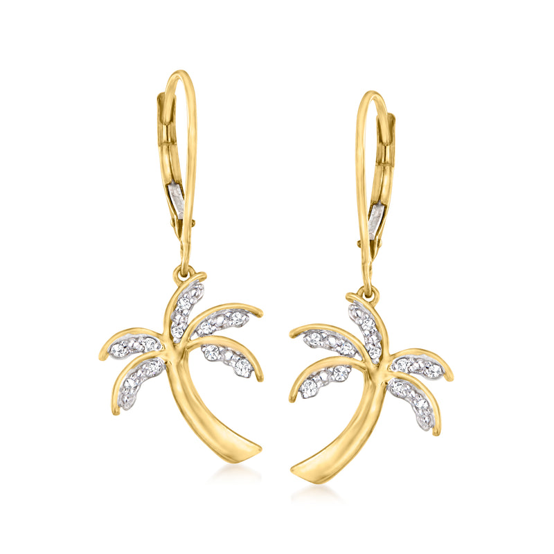 Diamond palm tree drop earrings in 18kt gold over sterling, leverback with clear stones
