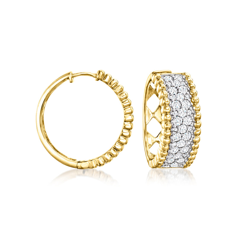Gold hoop earrings with pave diamonds and beaded edge