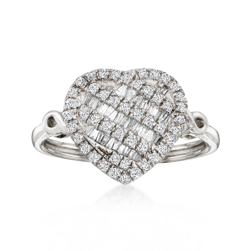 Sterling silver heart diamond ring with baguette and round stones