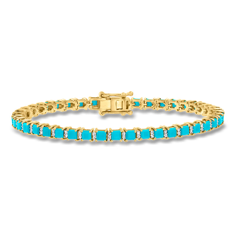 Gold tennis bracelet with turquoise rectangular stones and link setting