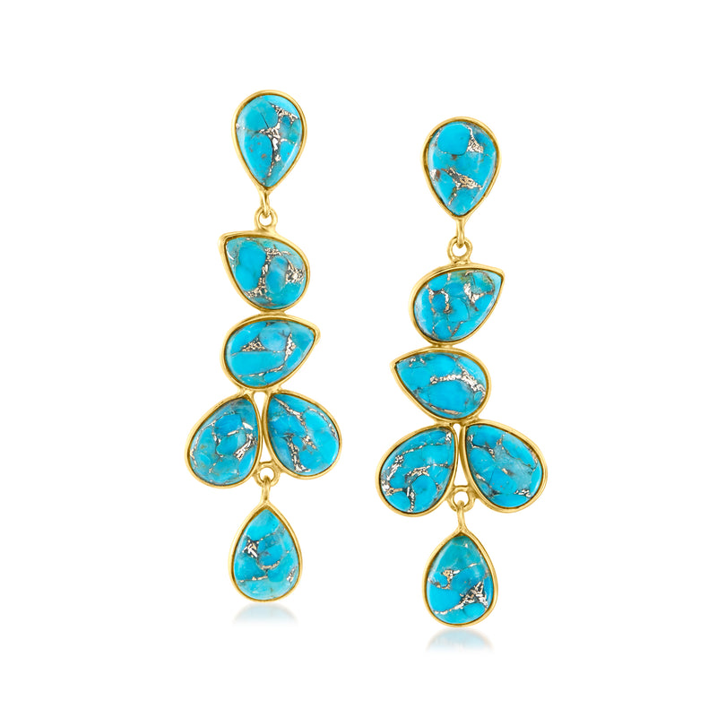 Turquoise drop earrings with four stacked teardrop stones on gold hoops
