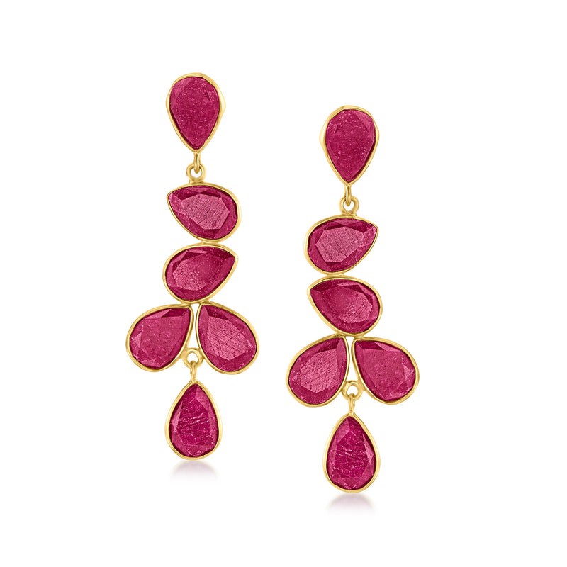 Ruby teardrop drop earrings in 18kt gold over sterling, five faceted stones
