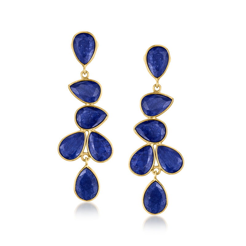 Gold-tone drop earrings with dark blue teardrop sapphire stones, four-stone cascade