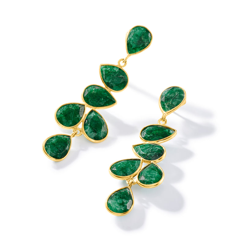 Emerald drop earrings with layered green oval stones, gold over sterling dangling design