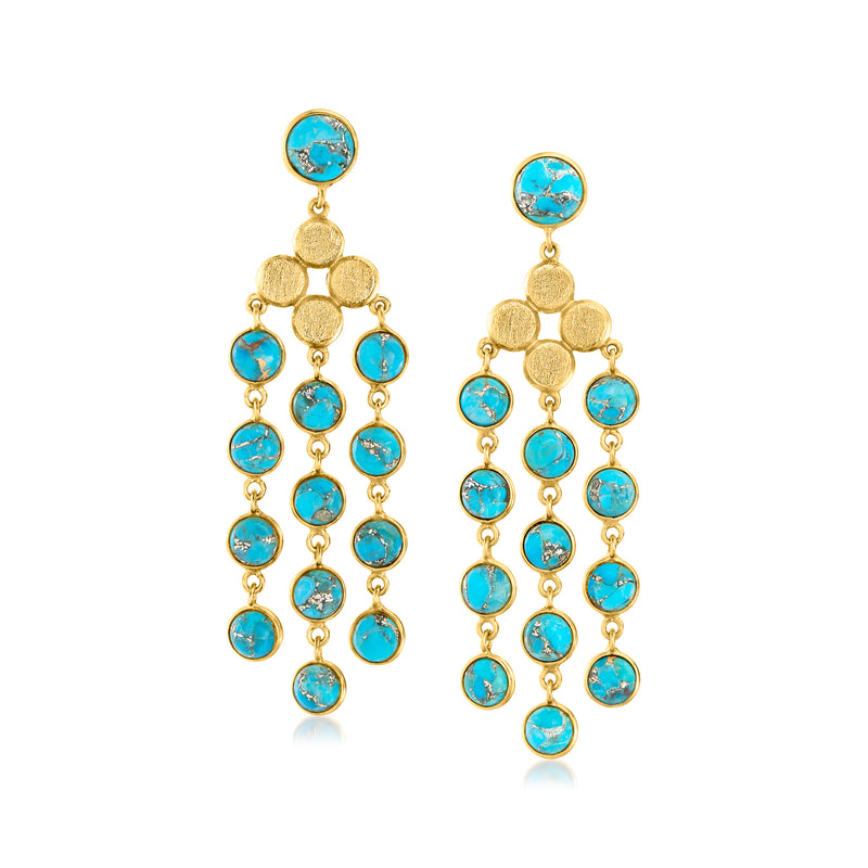 Gold drop chandelier earrings with turquoise blue round stones in tiered dangles