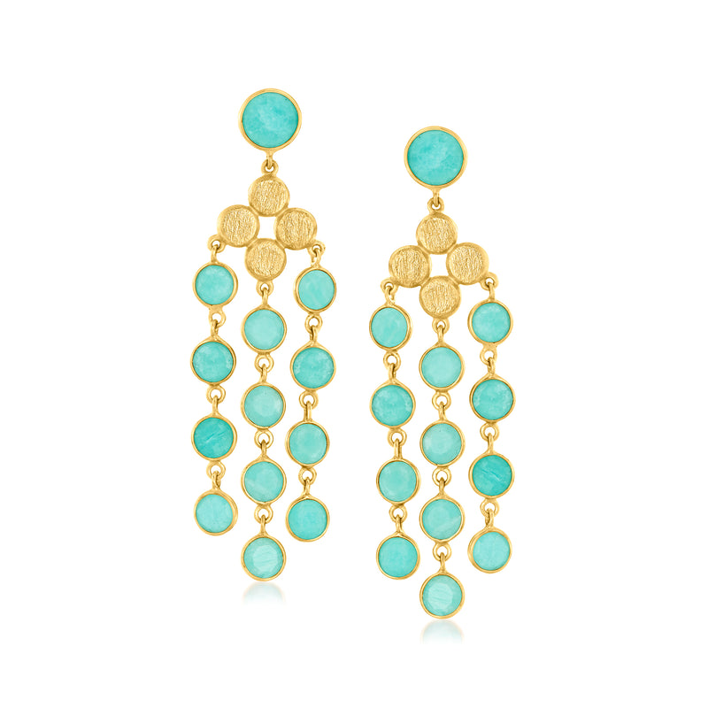 Gold-tone drop chandelier earrings with blue-green oval stones