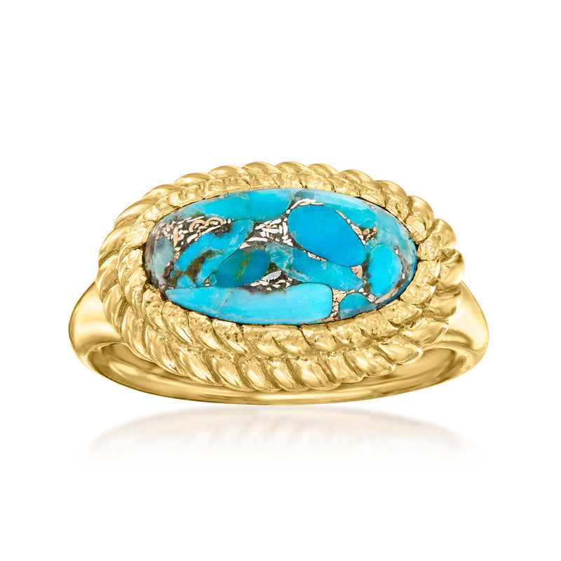 Turquoise oval cabochon roped ring in gold over sterling