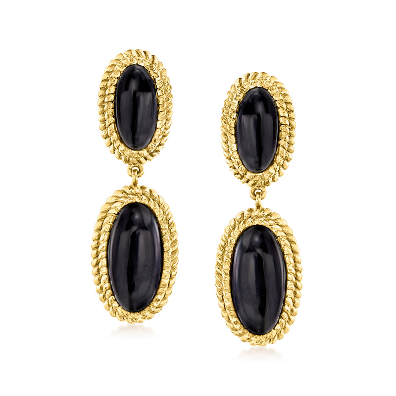 Gold-tone drop earrings with two oval black onyx-style stones in textured frames