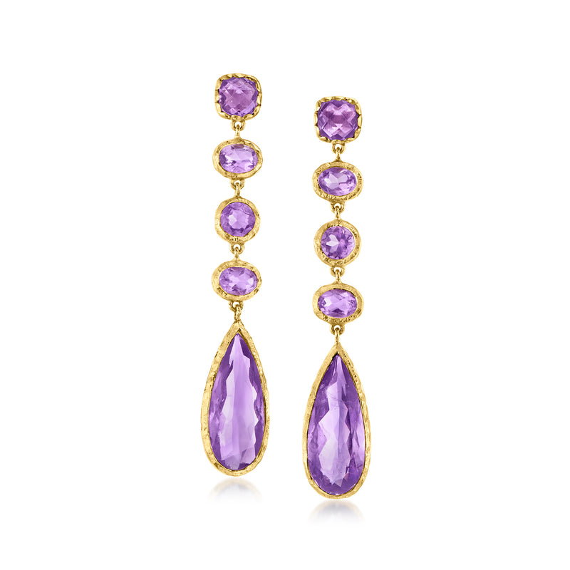 Gold-tone amethyst drop earrings with oval and teardrop purple gemstones, four stones + drop