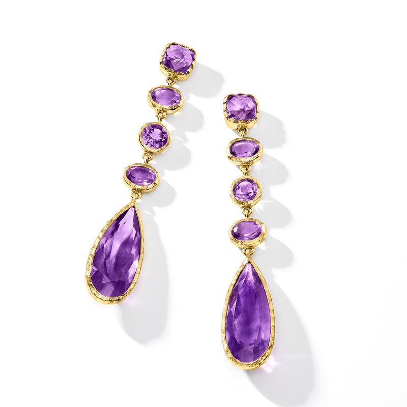 Gold-tone amethyst drop earrings, clustered purple gemstones with two large teardrops