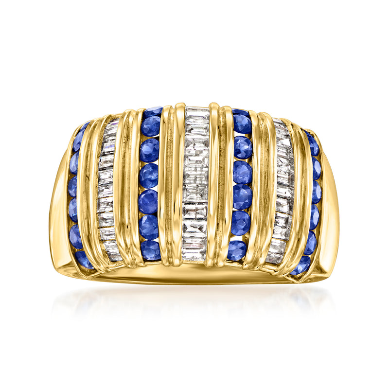 14kt yellow gold striped ring with blue sapphire bands and diamond accents