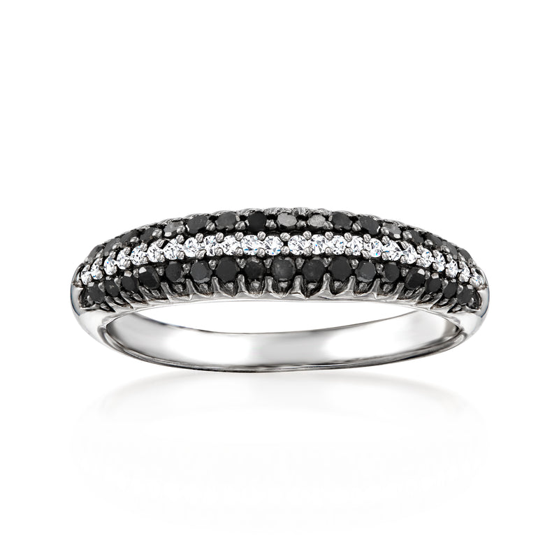 Sterling silver diamond ring with black and white stones in a sleek band