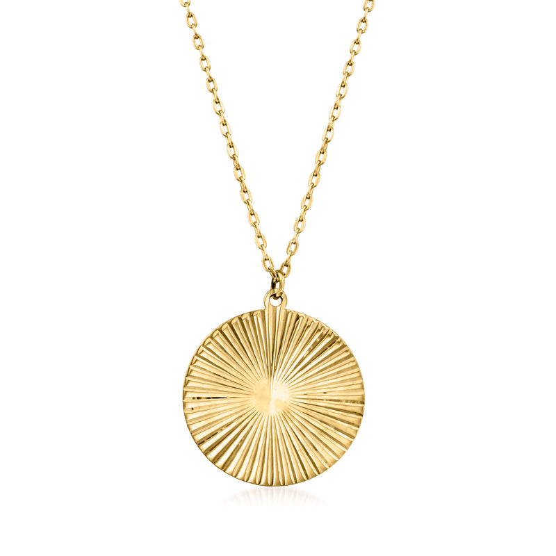 14kt yellow gold necklace with round starburst circle pendant, cable chain