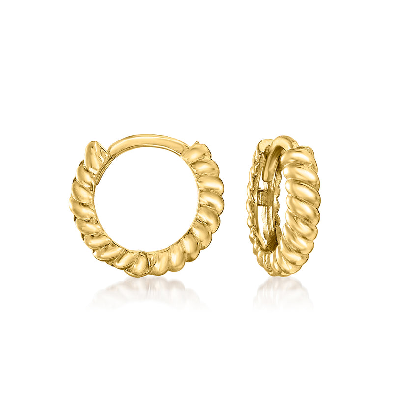 14kt yellow gold shrimp huggie hoop earrings with ribbed scalloped texture