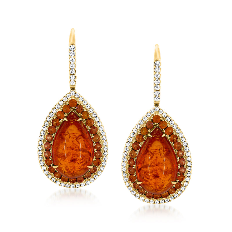 Orange garnet teardrop drop earrings in 18k yellow gold with diamond halo, leverback