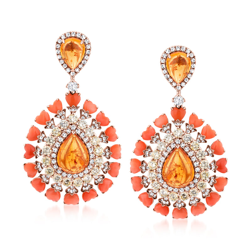 Two-tone gold drop earrings with orange teardrop and white diamond halo, coral-like flowers