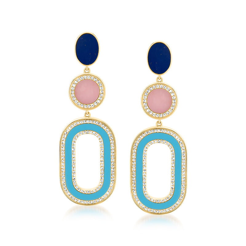 Double-drop earrings in yellow gold with blue and pink stones and diamond halo details
