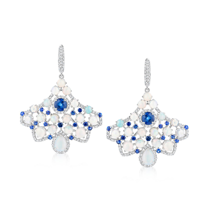 White gold chandelier drop earrings with blue sapphire center and white stones