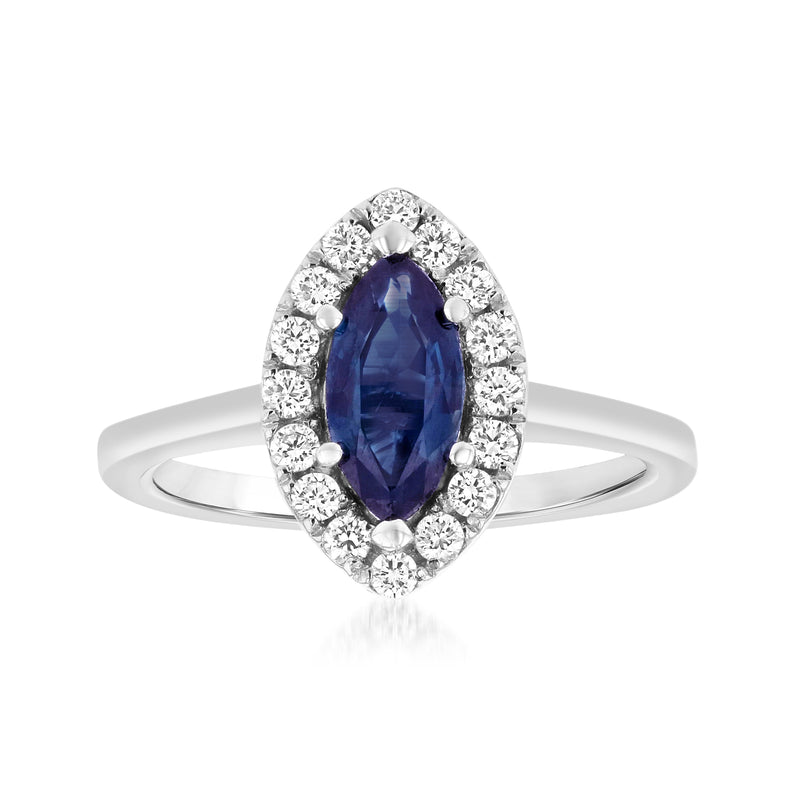 Oval deep-blue sapphire and diamond halo ring in 14kt white gold