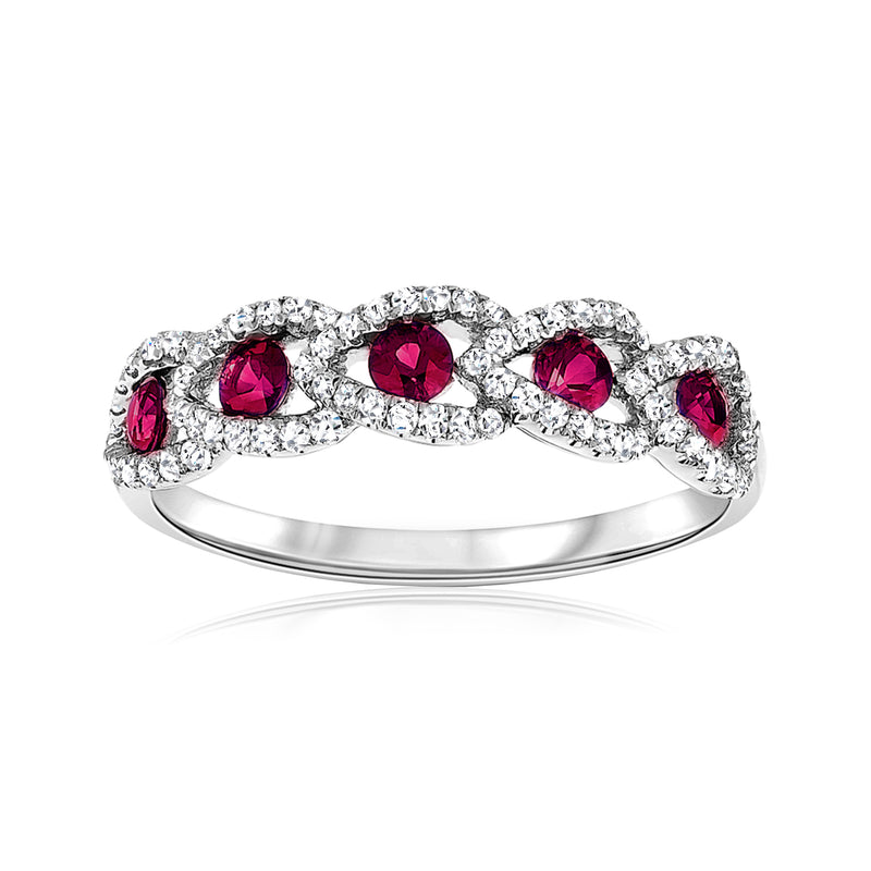 18k white gold ring with red ruby gemstones and surrounding white diamond accents