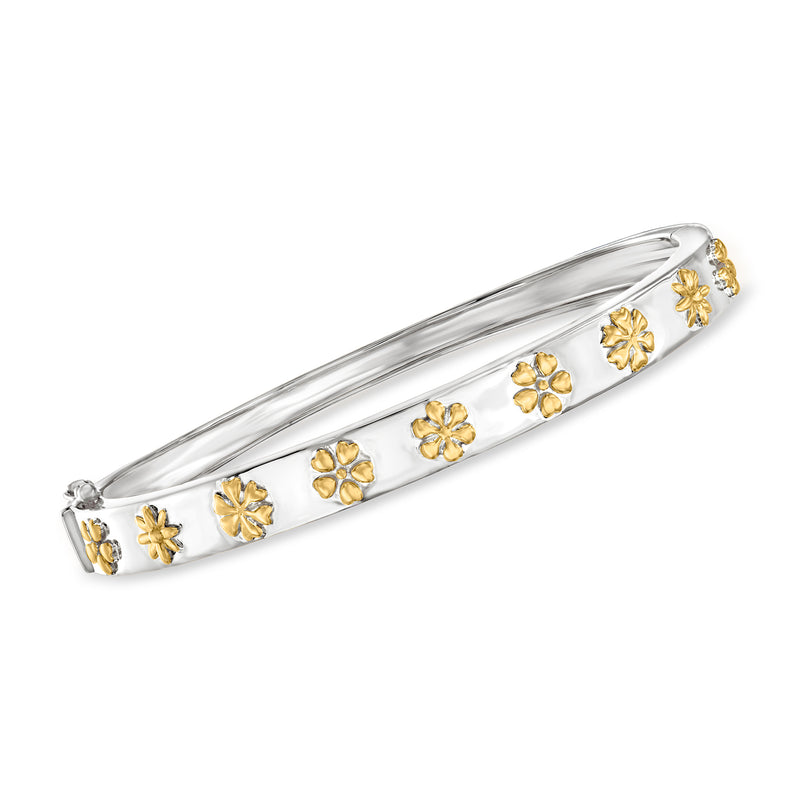 Two-tone sterling silver bangle bracelet with raised gold 3D flower accents