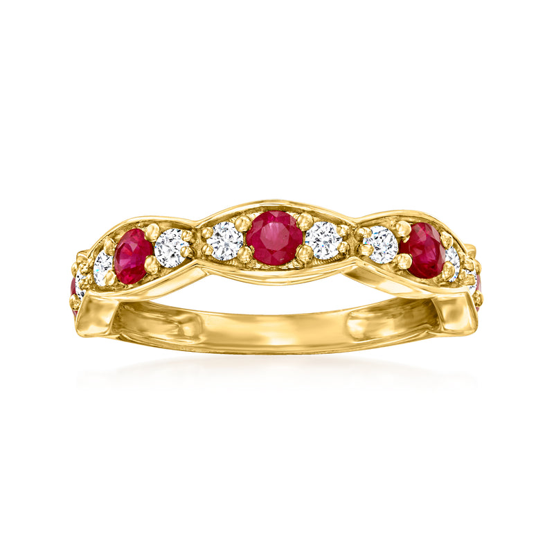 14kt yellow gold ring with red rubies and small white diamond accents, split band style