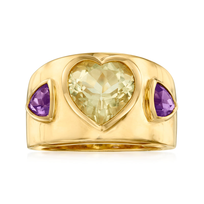 Gold-tone ring with heart-cut lemon quartz center and two purple amethyst side stones