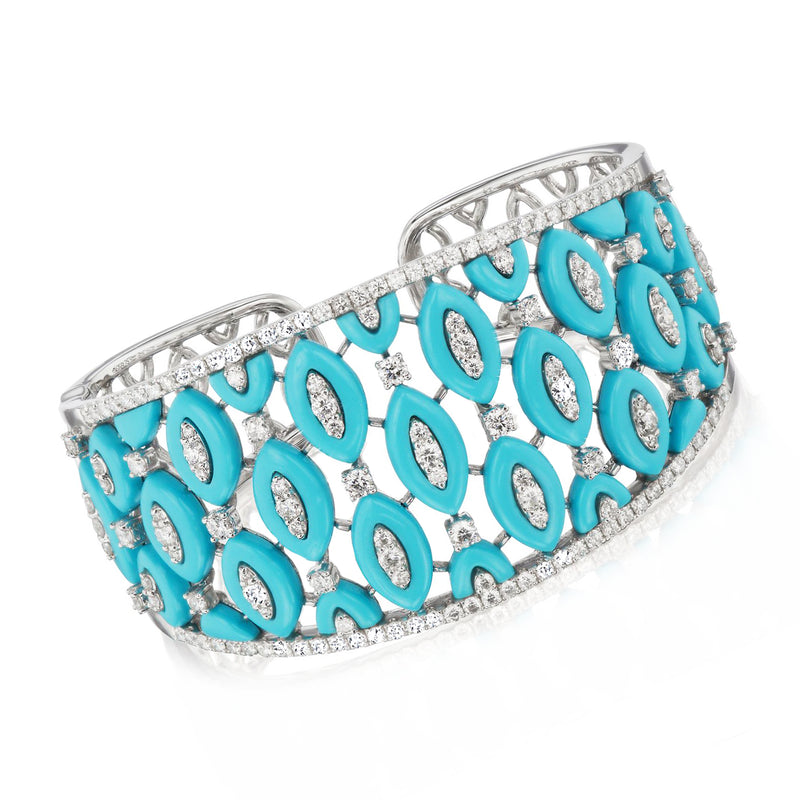 Wide turquoise and diamond openwork cuff bracelet in white gold