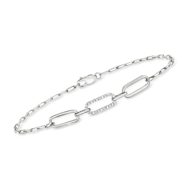 Sterling silver pave diamond paper clip link bracelet with rectangular sparkly center