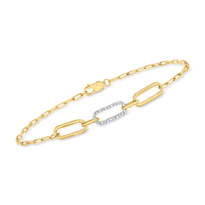 Diamond paper clip link bracelet in gold over sterling with pavé center link