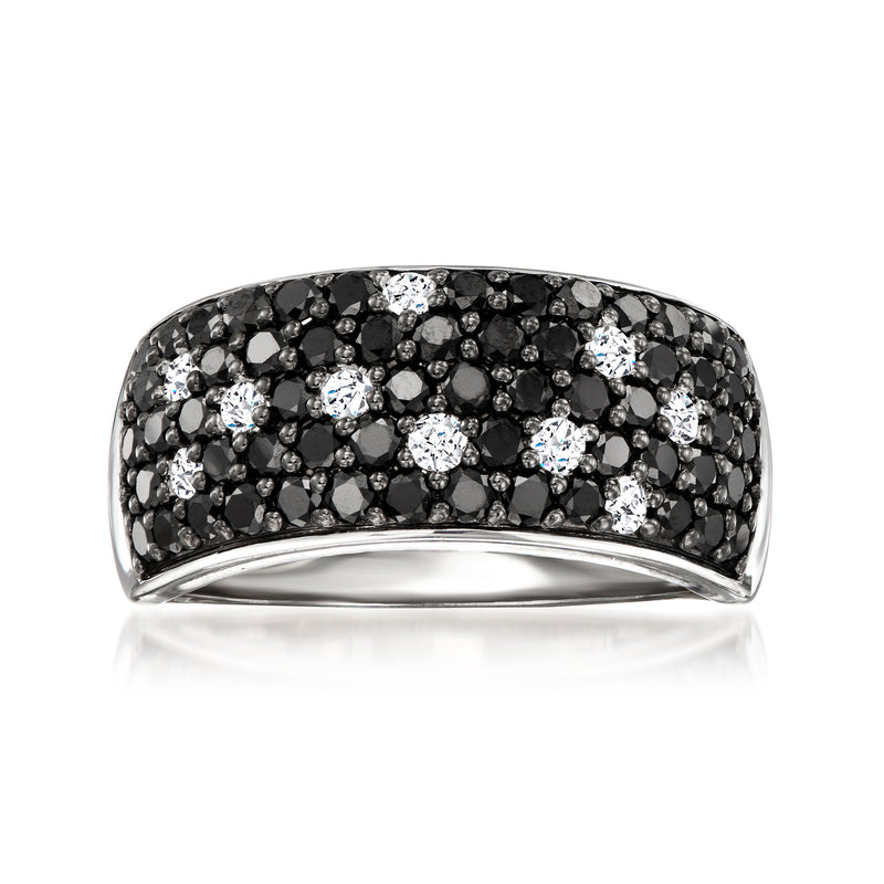 Sterling silver diamond ring with black and white stones, wide domed top