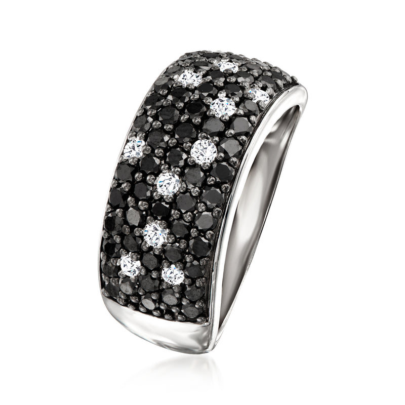 Sterling silver ring with black and white diamonds, wide domed band