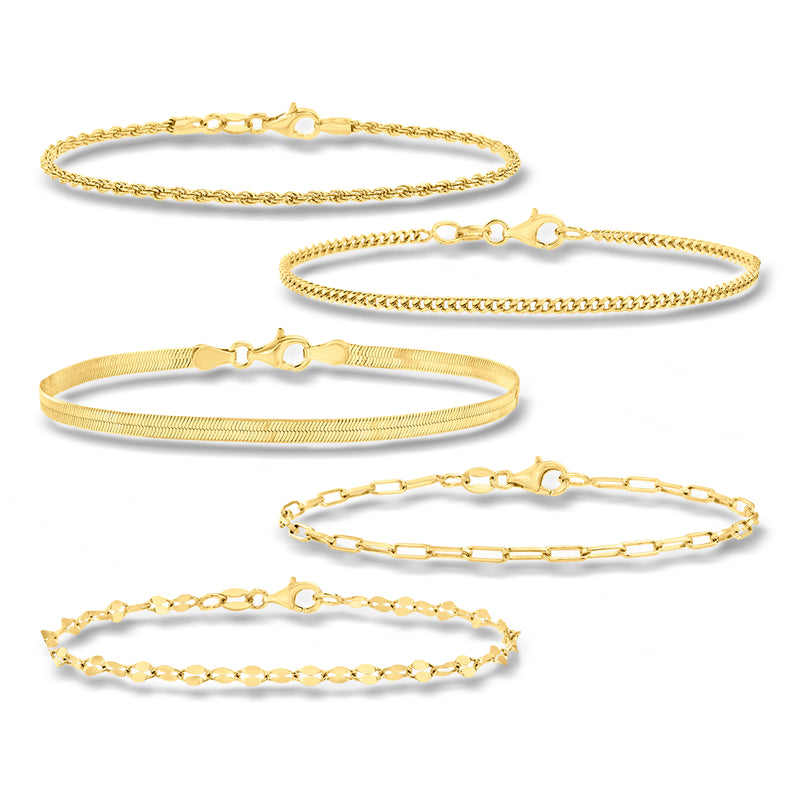 Five gold-tone chain bracelets with lobster clasps, mixed link styles