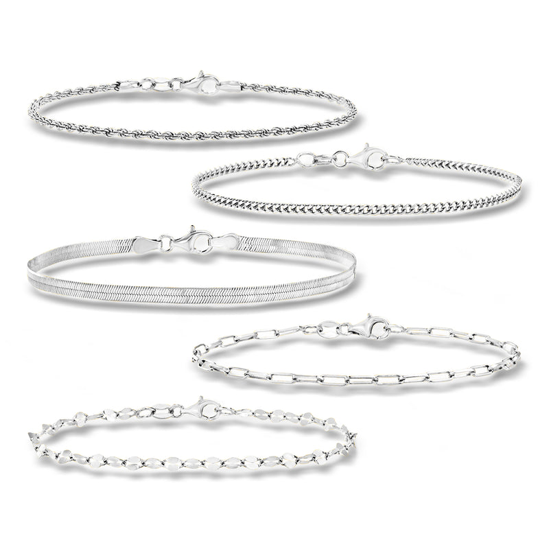 Sterling silver chain bracelet set of five, with mixed link styles and clasp details
