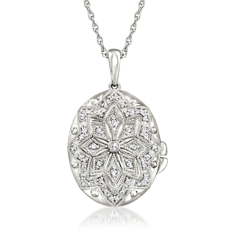 Sterling silver diamond floral oval locket necklace, round motif with bezel-set stones