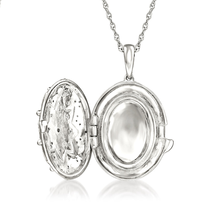 Sterling silver open oval locket necklace with empty glass frame and hinged back