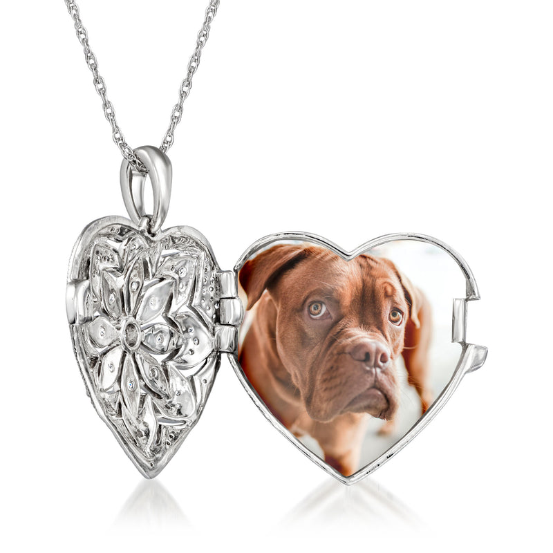 Sterling silver heart locket necklace open with dog photo inside