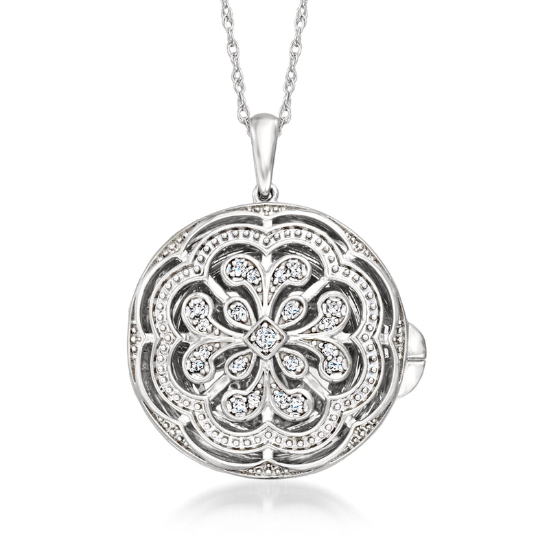 Sterling silver round diamond floral locket necklace with hinged clasp and chain