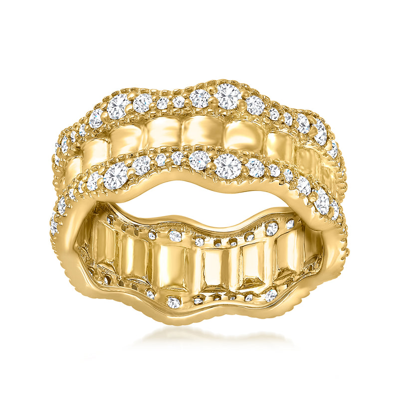 14kt yellow gold wavy eternity band with round diamond rows across top