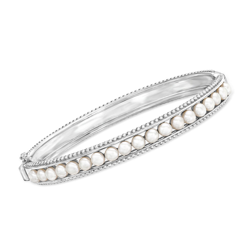 Sterling silver cultured pearl bangle bracelet with two pearl rows and hinged clasp