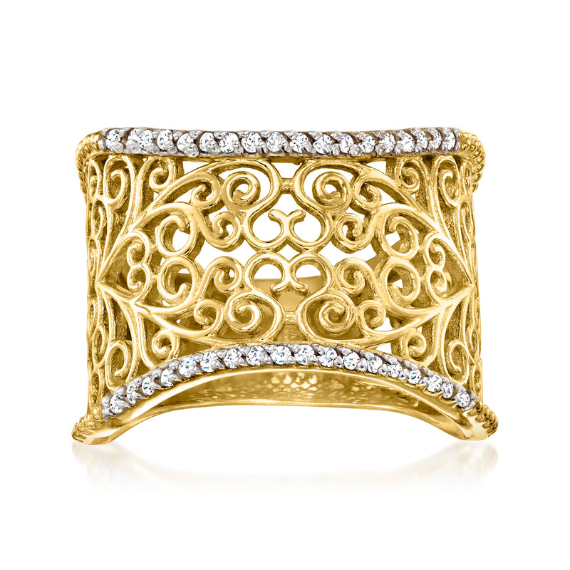 18kt gold over sterling filigree diamond ring, curved band with round stone accents