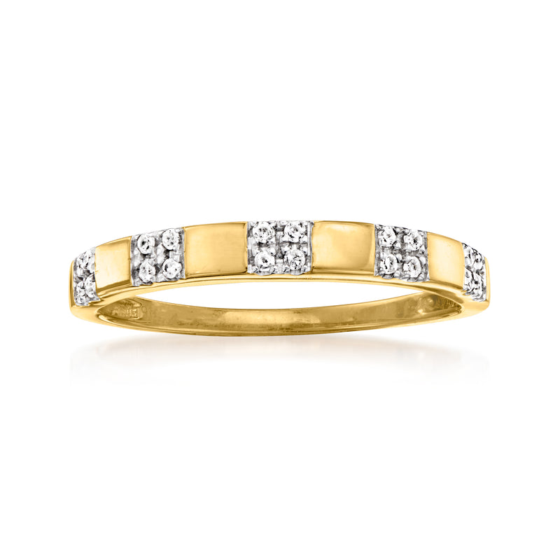 Geometric diamond ring with square settings on a gold-toned band