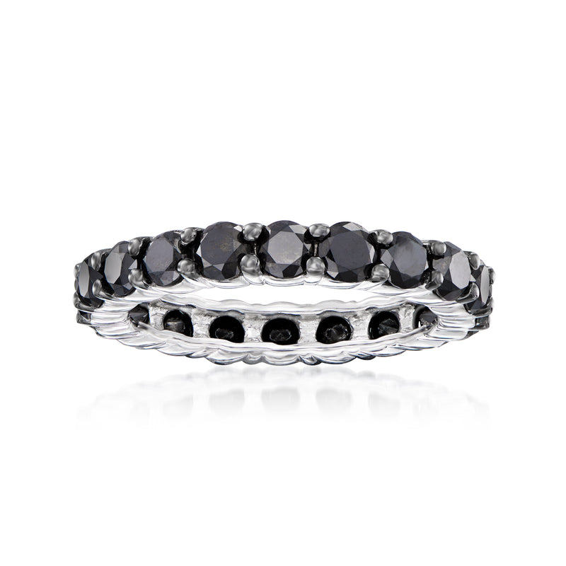 Sterling silver eternity band with dark round black diamond rows, prong-set