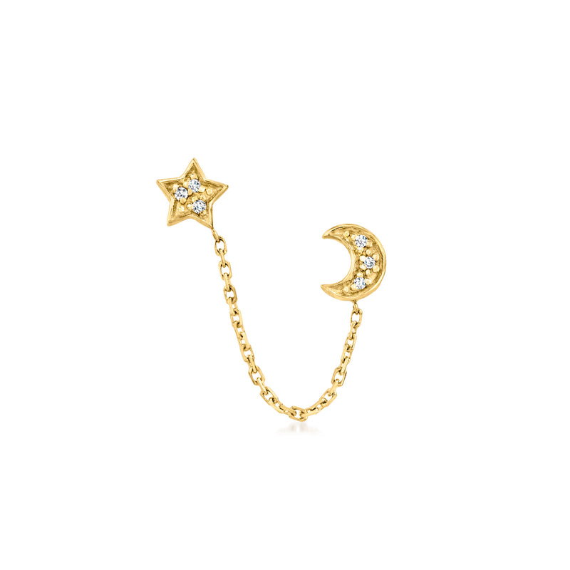 14kt yellow gold star and moon diamond post earring with connecting chain