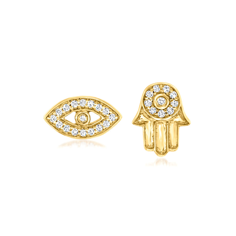 14kt yellow gold mismatched stud earrings with evil eye and Hamsa hand inlaid stones